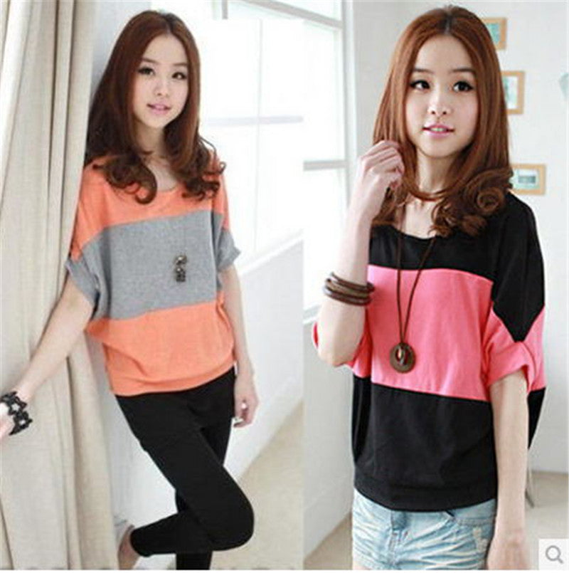 Bat Sleeve Stitching Striped Loose Short Sleeves