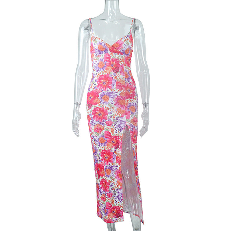 Digitally Printed V-neck Suspender Medium Long Slit Suspender Dress