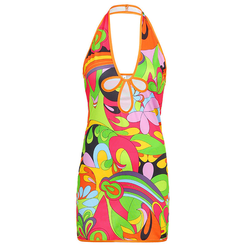 Printed Hollow Deep V-neck Sleeveless Halterneck Dress