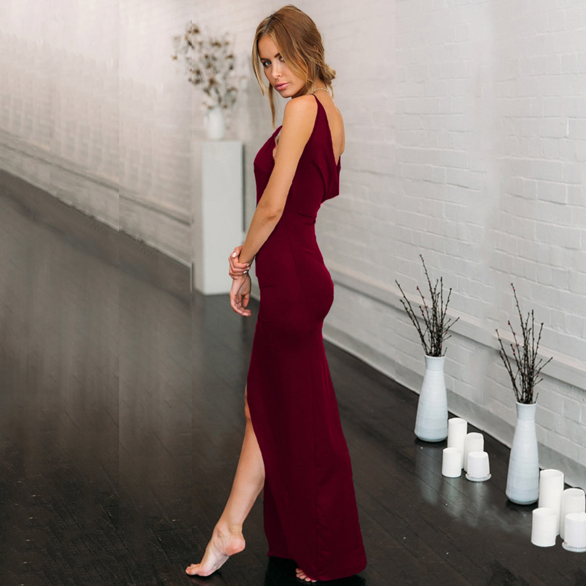 Sexy Slim Halter Slit Long Sling Dress