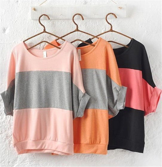 Bat Sleeve Stitching Striped Loose Short Sleeves