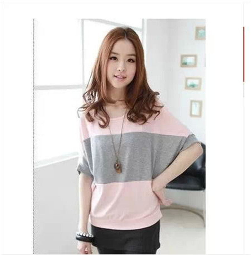 Bat Sleeve Stitching Striped Loose Short Sleeves