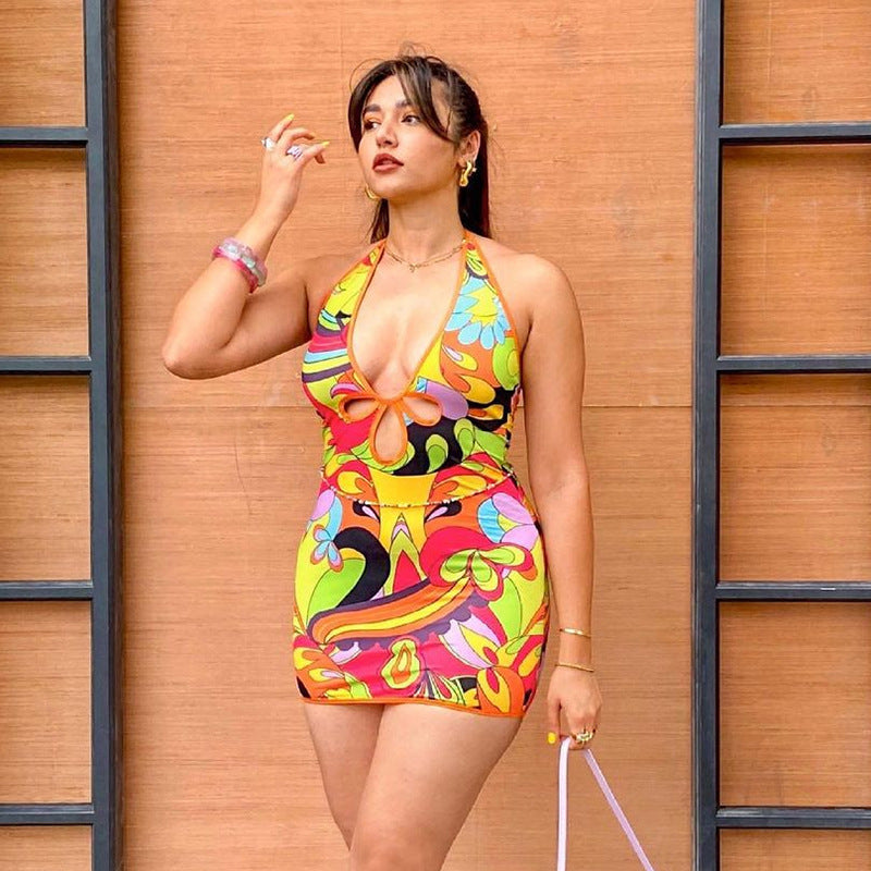 Printed Hollow Deep V-neck Sleeveless Halterneck Dress