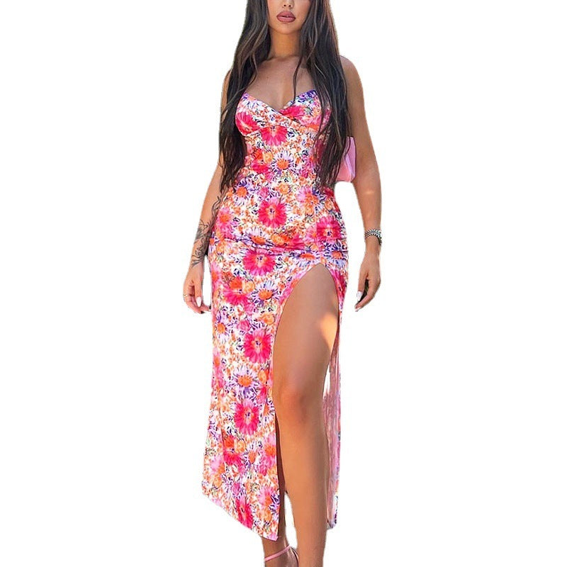 Digitally Printed V-neck Suspender Medium Long Slit Suspender Dress