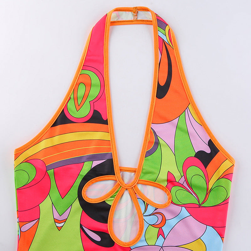 Printed Hollow Deep V-neck Sleeveless Halterneck Dress