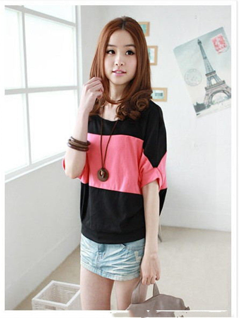 Bat Sleeve Stitching Striped Loose Short Sleeves